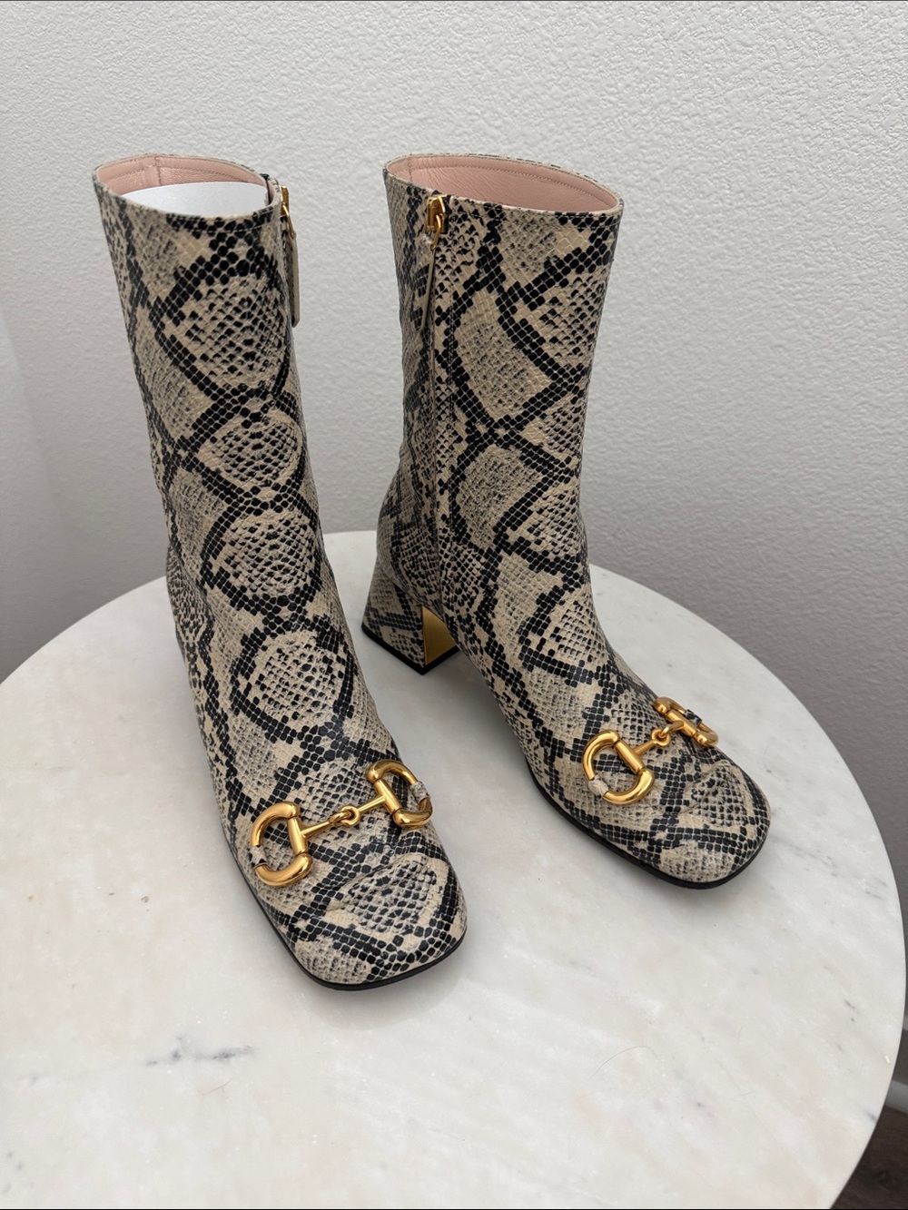 Gucci Beige and Black Snake-Print Mid-Calf Heeled Boots with Gold Horsebit